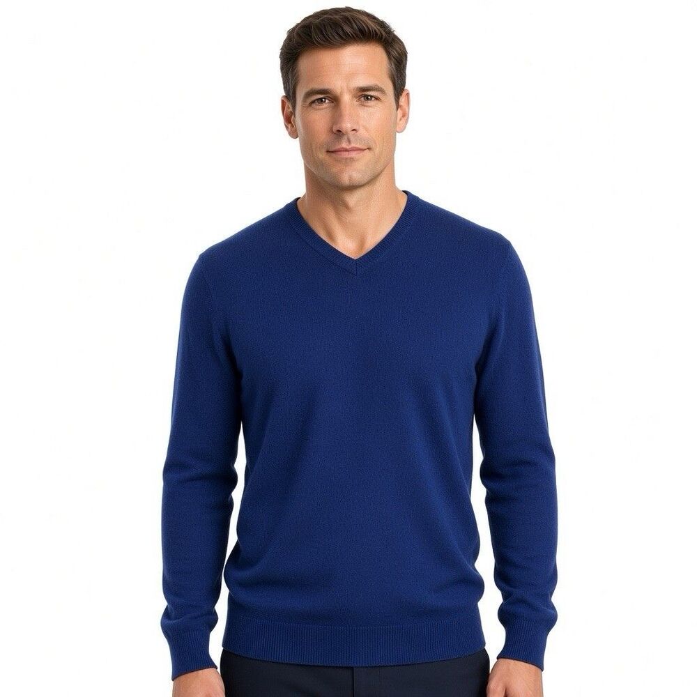 Luxury 100% Cashmere Sweater Men’s Size Large Blue V-Neck Long Sleeve Pullover